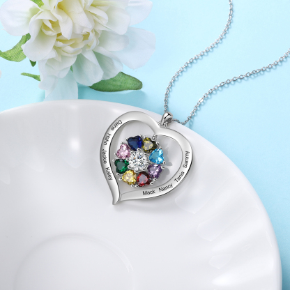 Personalised Heart Pendant Necklace with 8 Birthstones Engraved Names Family Necklace Gifts for Her-Jessemade AU