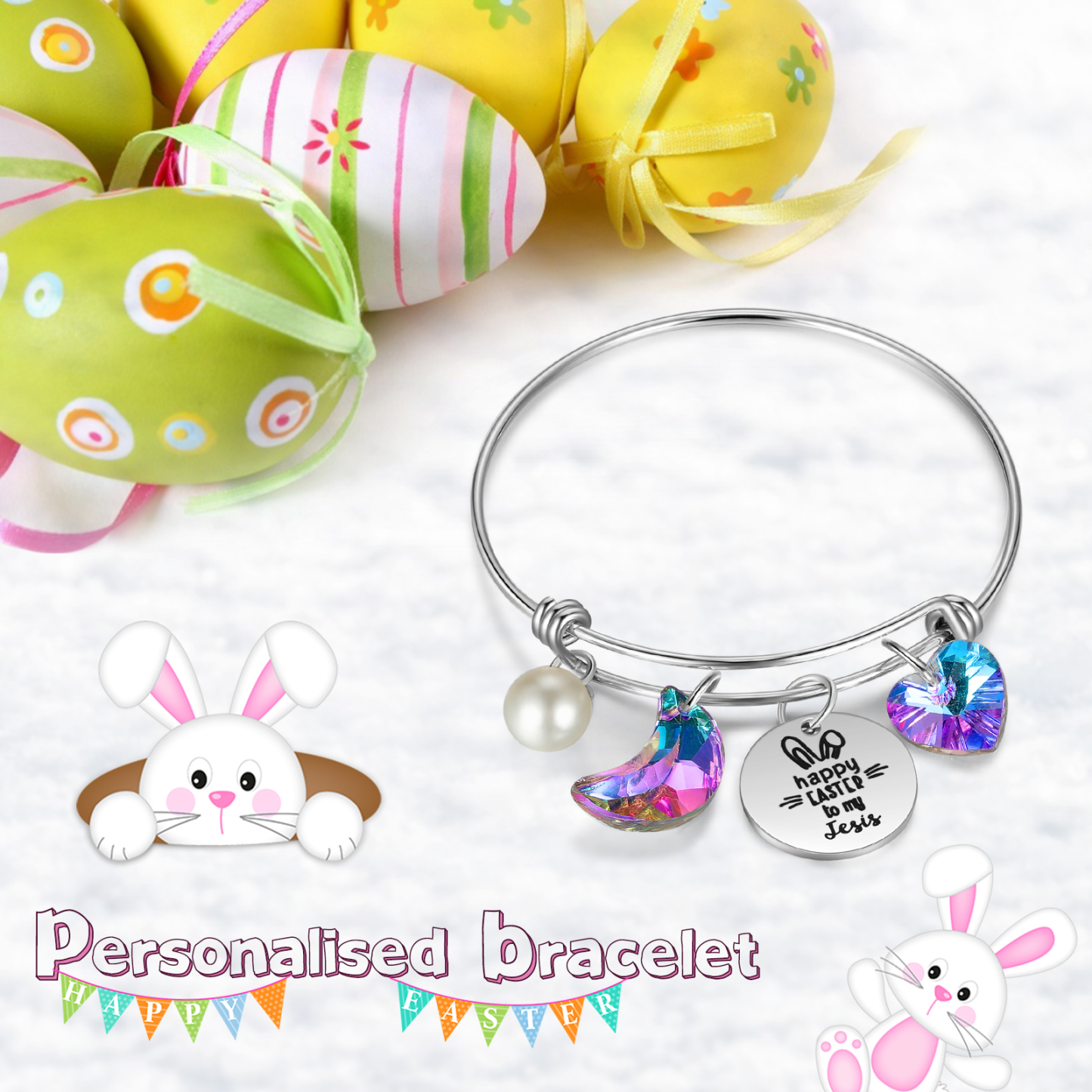 Easter Gifts Personalised Bunny Bangle Bracelet With Name Peals Crystals Bangle Gifts For Her-Jessemade AU