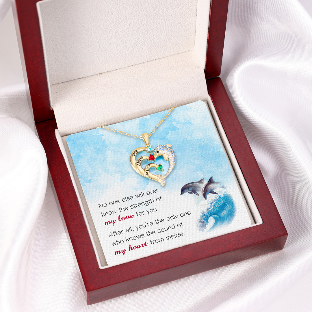 Personalised Heart Dolphin Necklace With 2 Birthstones Engraved Names Gift For Her-Jessemade AU