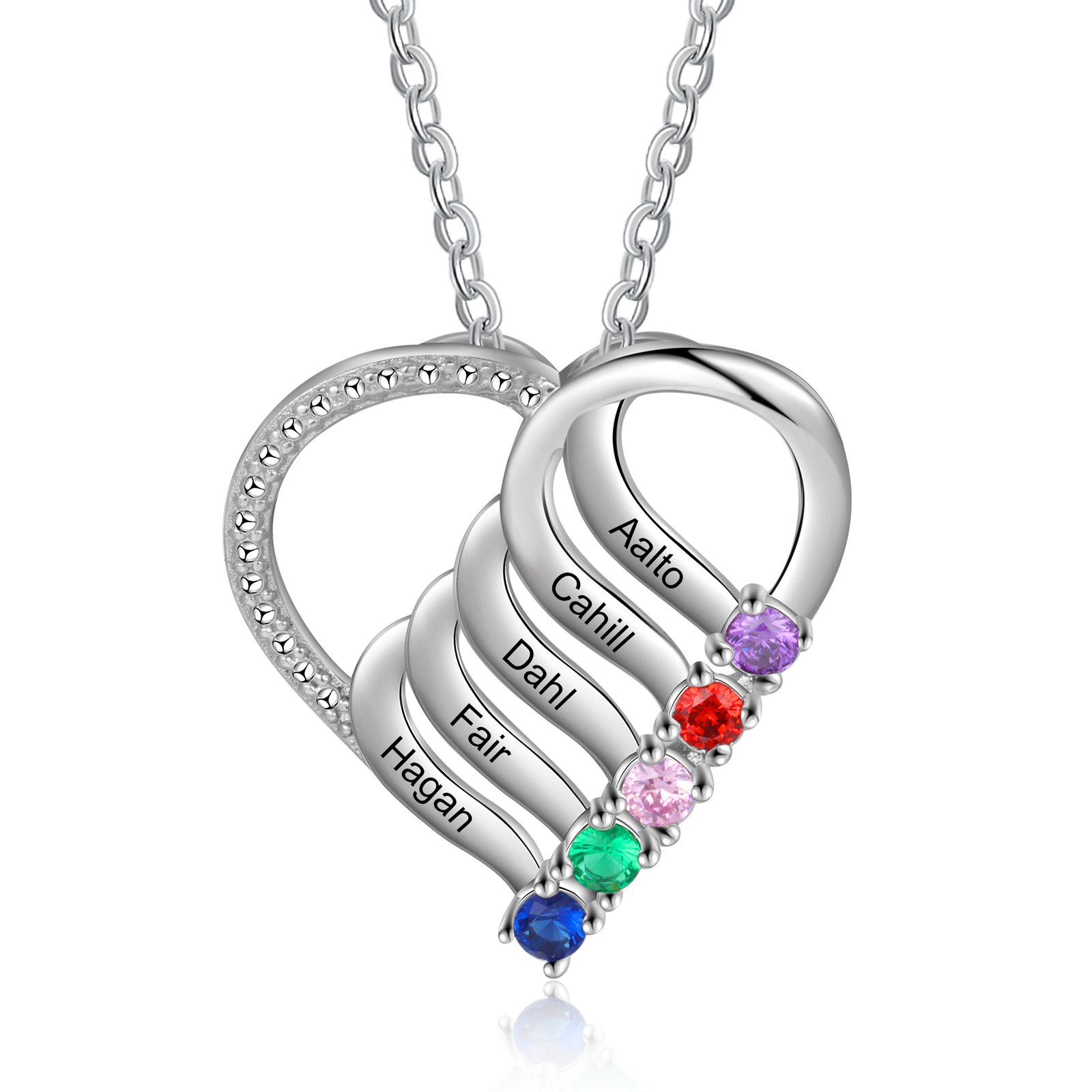 Personalised Heart Necklace With 5 Birthstones Engraved Names Gift For Her-Jessemade AU
