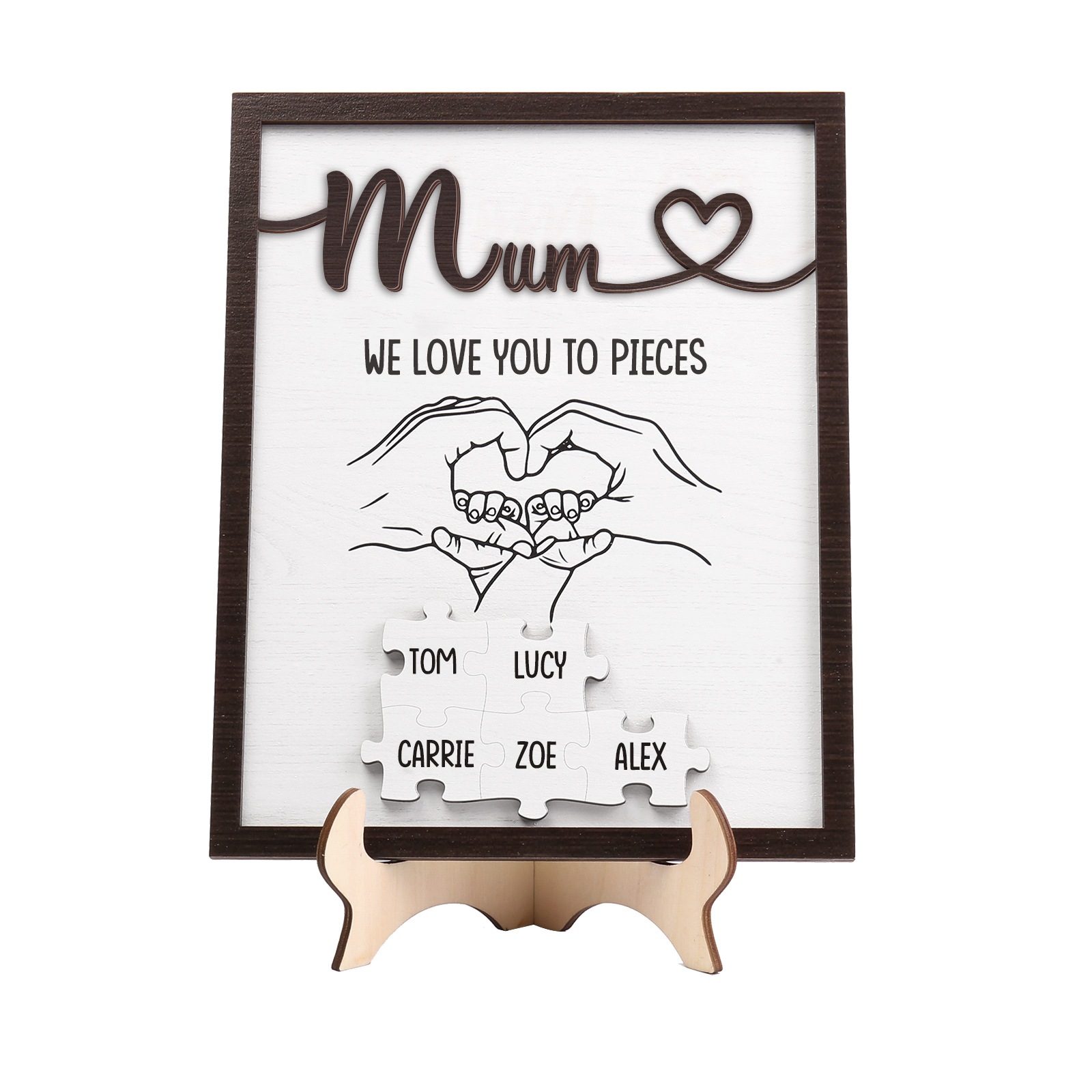 Personalised Puzzle Pieces Wooden Plaque Custom 5 Names & Text & Salutation Holding Hands Family Wooden Sign With Stand Gifts for Mum-Jessemade AU