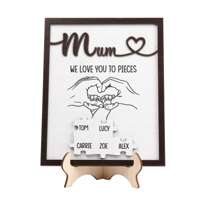 Personalised Puzzle Pieces Wooden Plaque Custom 5 Names & Text & Salutation Holding Hands Family Wooden Sign With Stand Gifts for Mum-Jessemade AU