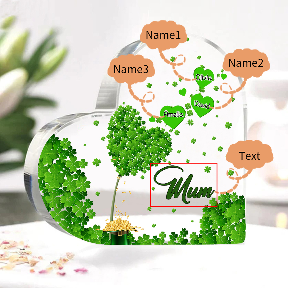 3 Names - Personalised Acrylic Heart Keepsake Custom Text Four-Leaf Clover Ornament Gift for Mother/Grandma-Jessemade AU