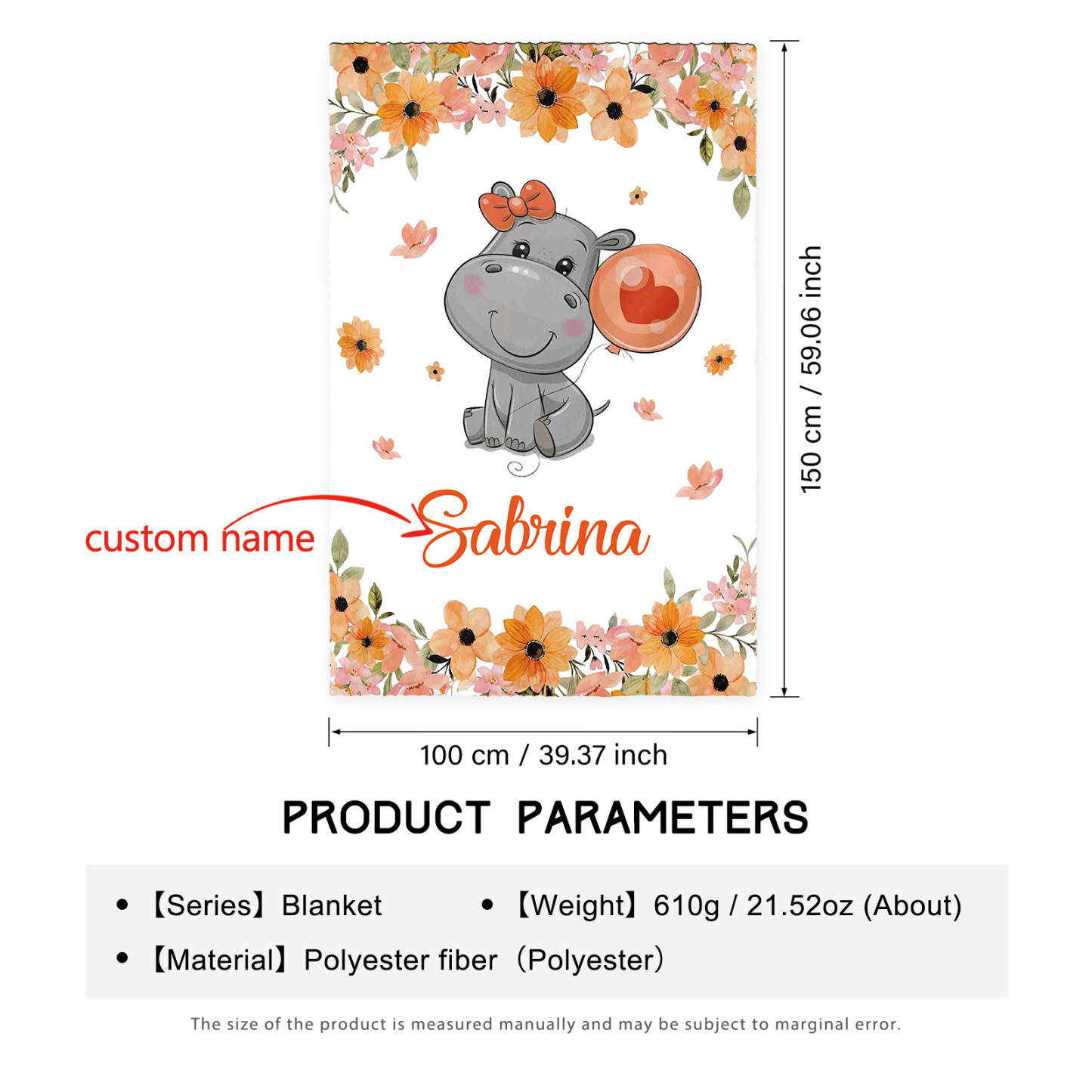 Personalised Hippo Blanket Custom Name Cute Cartoon Blanket-Jessemade AU