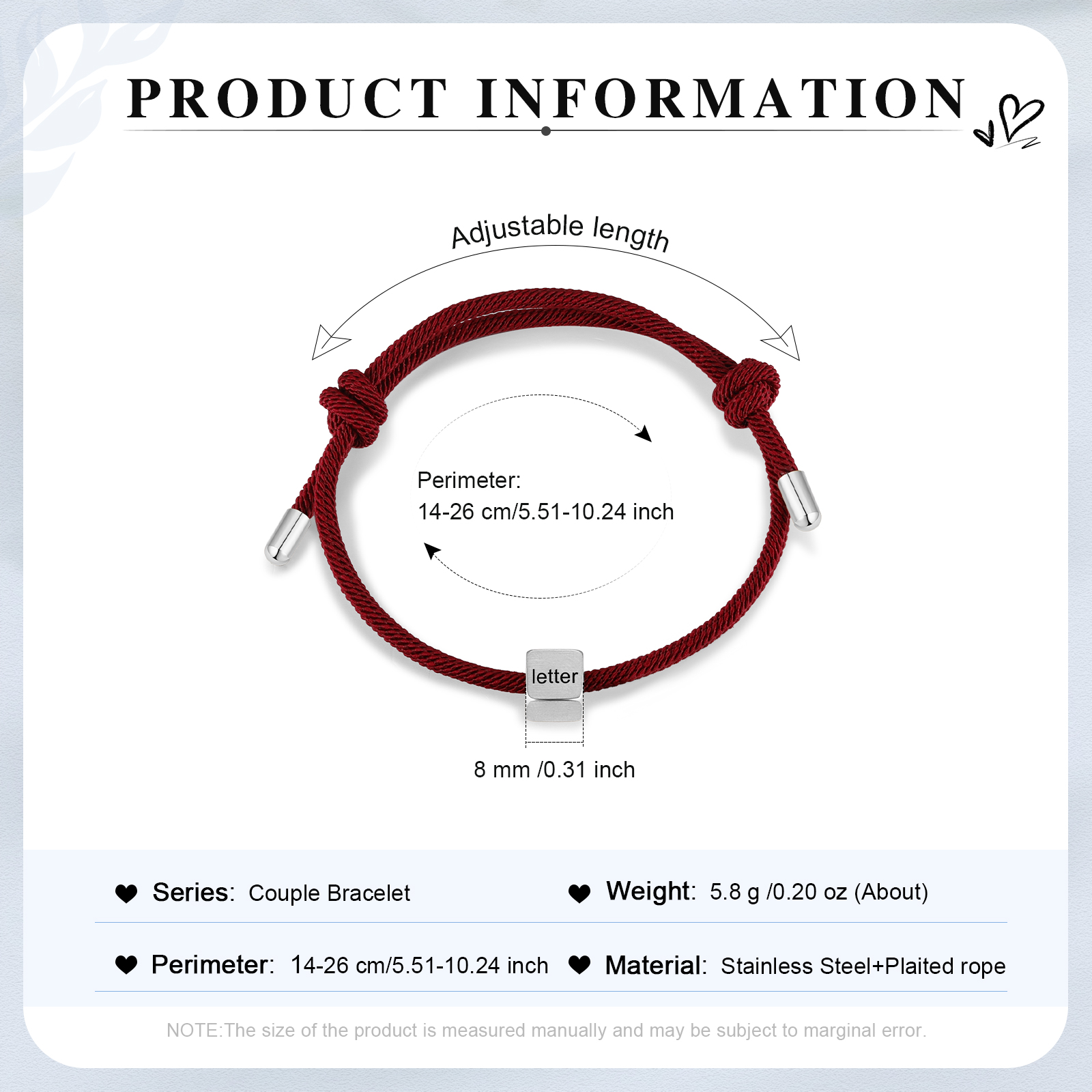 Red Couple's Bracelet Custom Letter Engraved Beads Stainless Steel Bracelet Personalised Gift for Him/Her-Jessemade AU