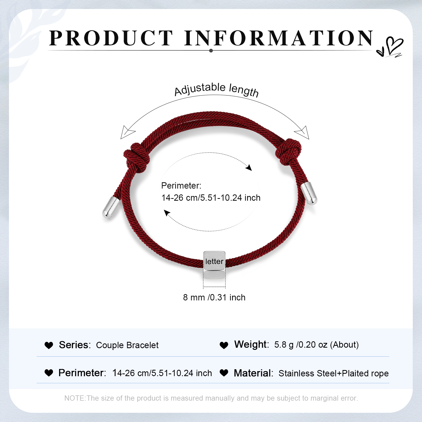 Red Couple's Bracelet Custom Letter Engraved Beads Stainless Steel Bracelet Personalised Gift for Him/Her-Jessemade AU