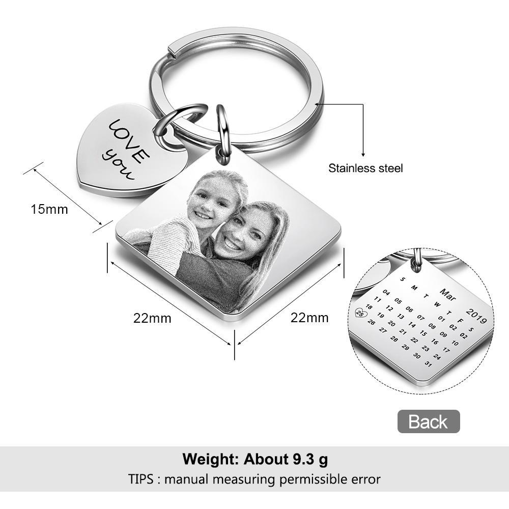 Photo Keychain Personalised with Calendar and Engraved Heart Charm Gifts for Her-Jessemade AU