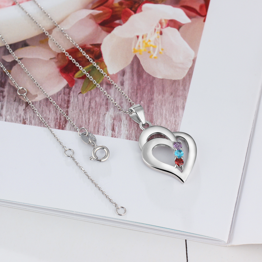 Personalised Heart Necklace With 3 Birthstones Engraved Names Gift For Her-Jessemade AU