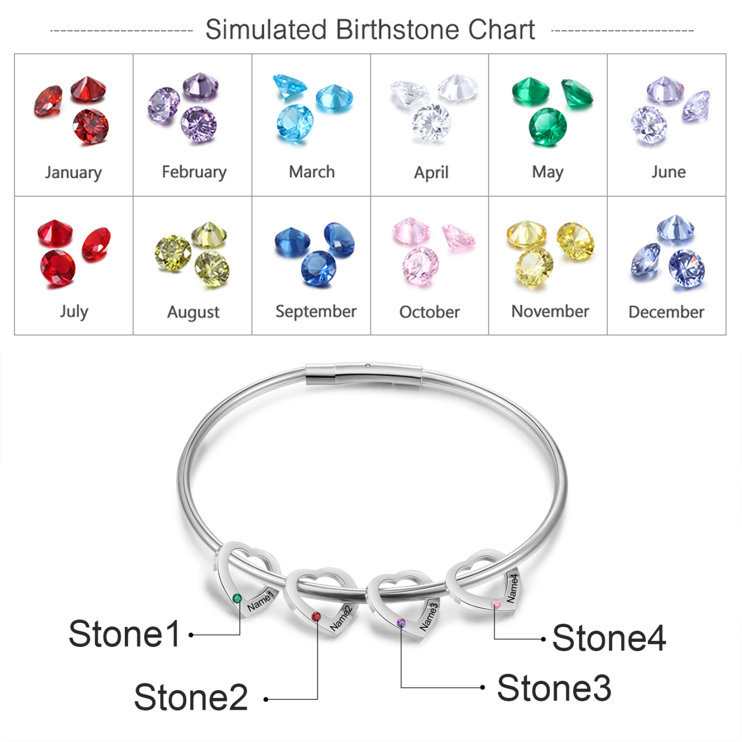 4 Names - Personalised Heart Bracelet with 4 Birthstones Custom Name & Birthstone Bracelet Gift for Her-Jessemade AU