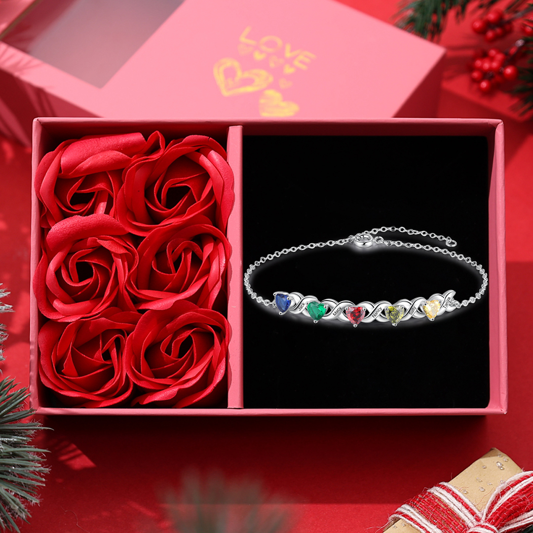 Custom Heart Birthstone Jewelry Set Necklace Bracelet for Family Personalised with 5 Names 5 Birthstones-Jessemade AU