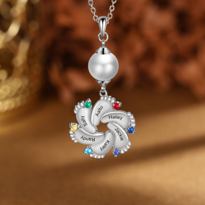 Personalised Baby Feet Pearl Necklace Custom 6 Names & Birthstones Mother Necklace-Jessemade AU