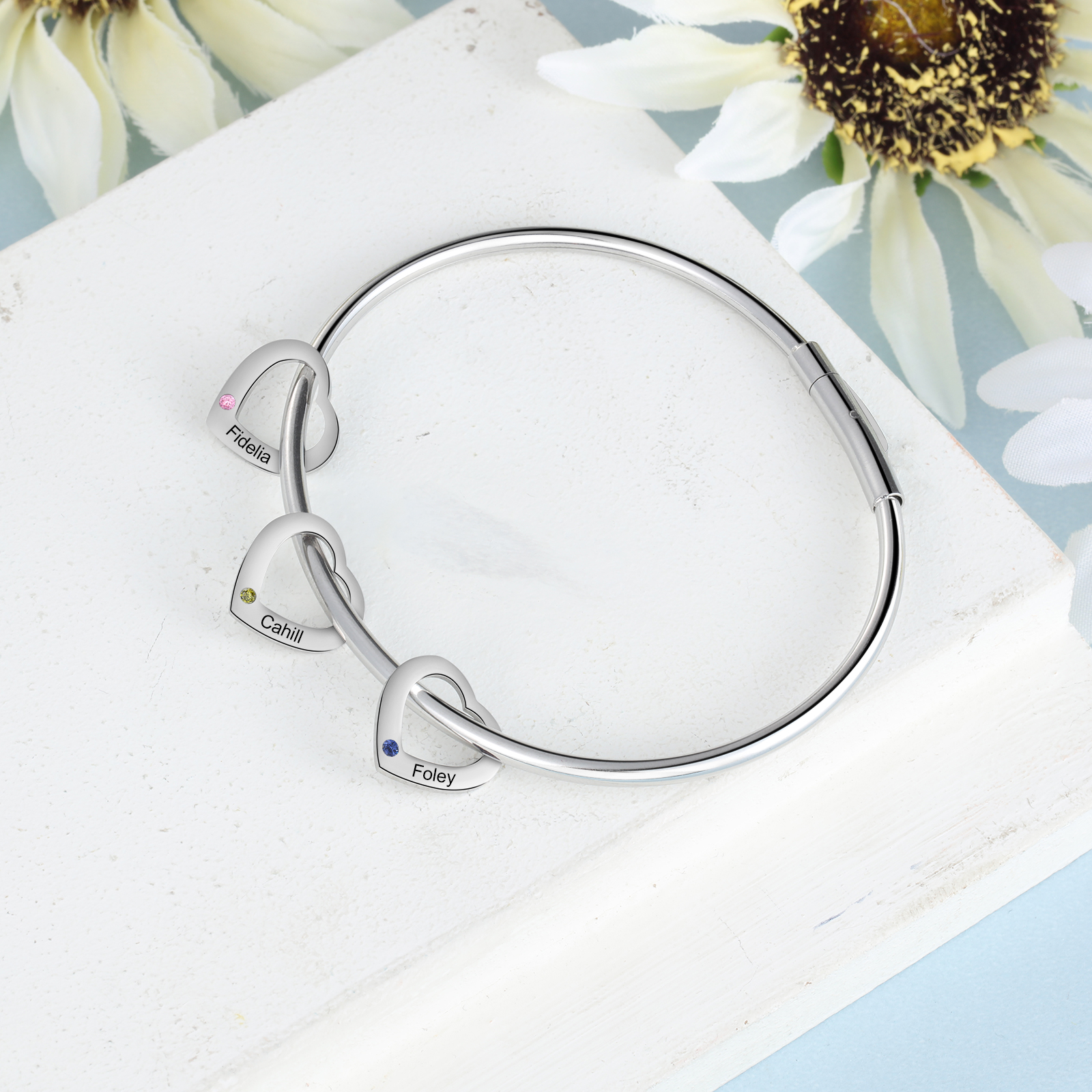 3 Names - Personalised Heart Bracelet with 3 Birthstones Custom Name & Birthstone Bracelet Gift for Her-Jessemade AU