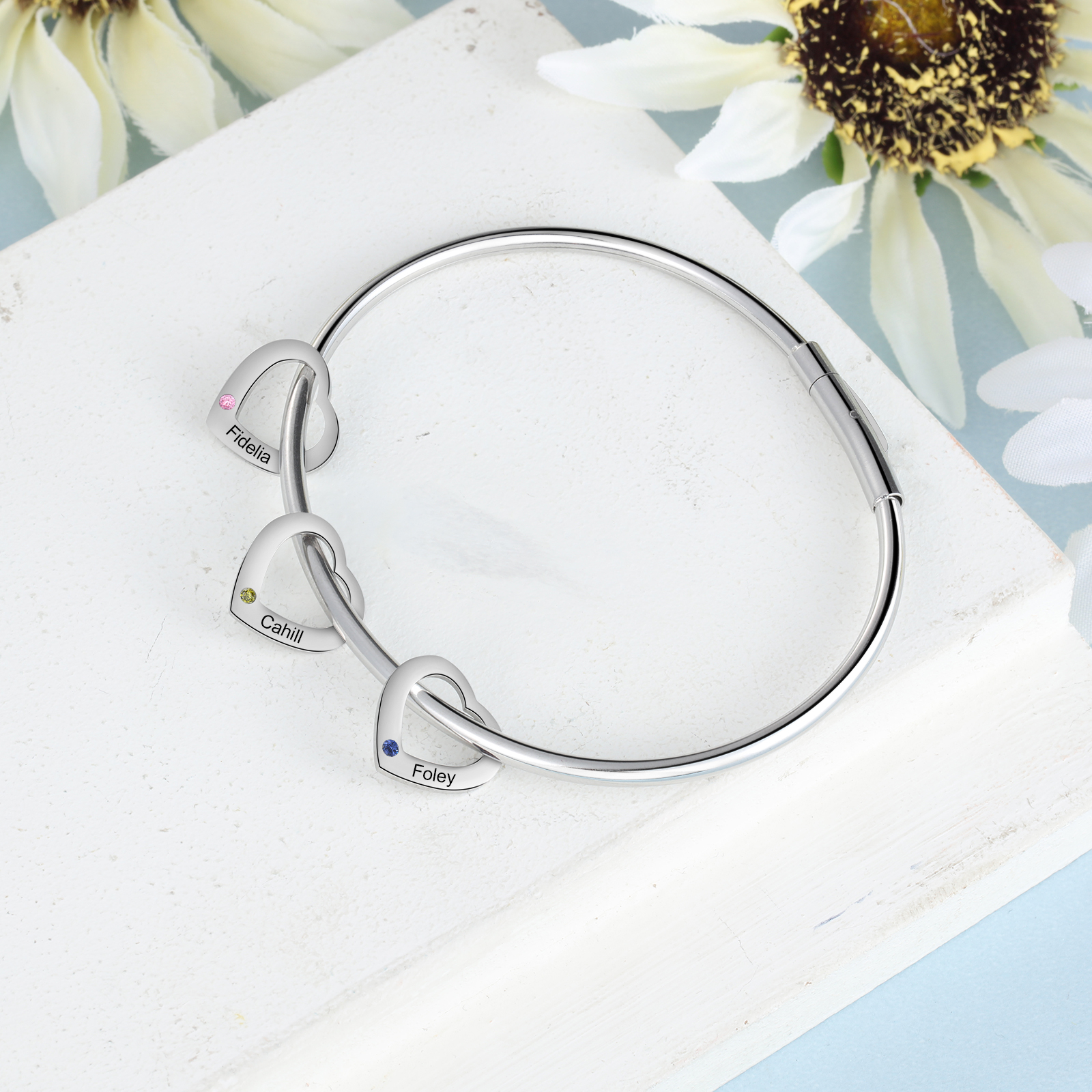 3 Names - Personalised Heart Bracelet with 3 Birthstones Custom Name & Birthstone Bracelet Gift for Her-Jessemade AU