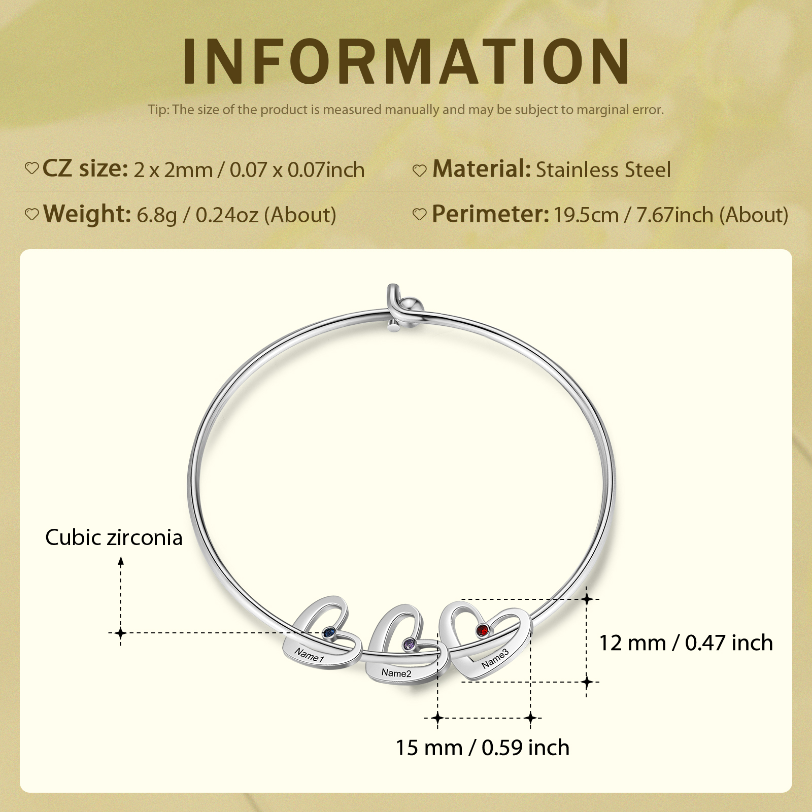 Personalised Heart Bangle With 3 Names and Birthstones Bangle Bracelet Mother's Day Gifts For women-Jessemade AU