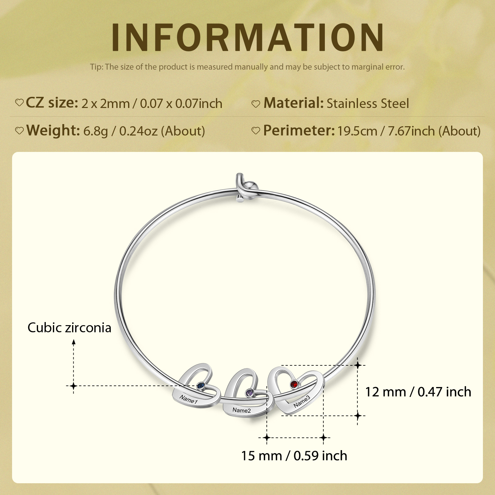 Personalised Heart Bangle With 3 Names and Birthstones Bangle Bracelet Mother's Day Gifts For women-Jessemade AU