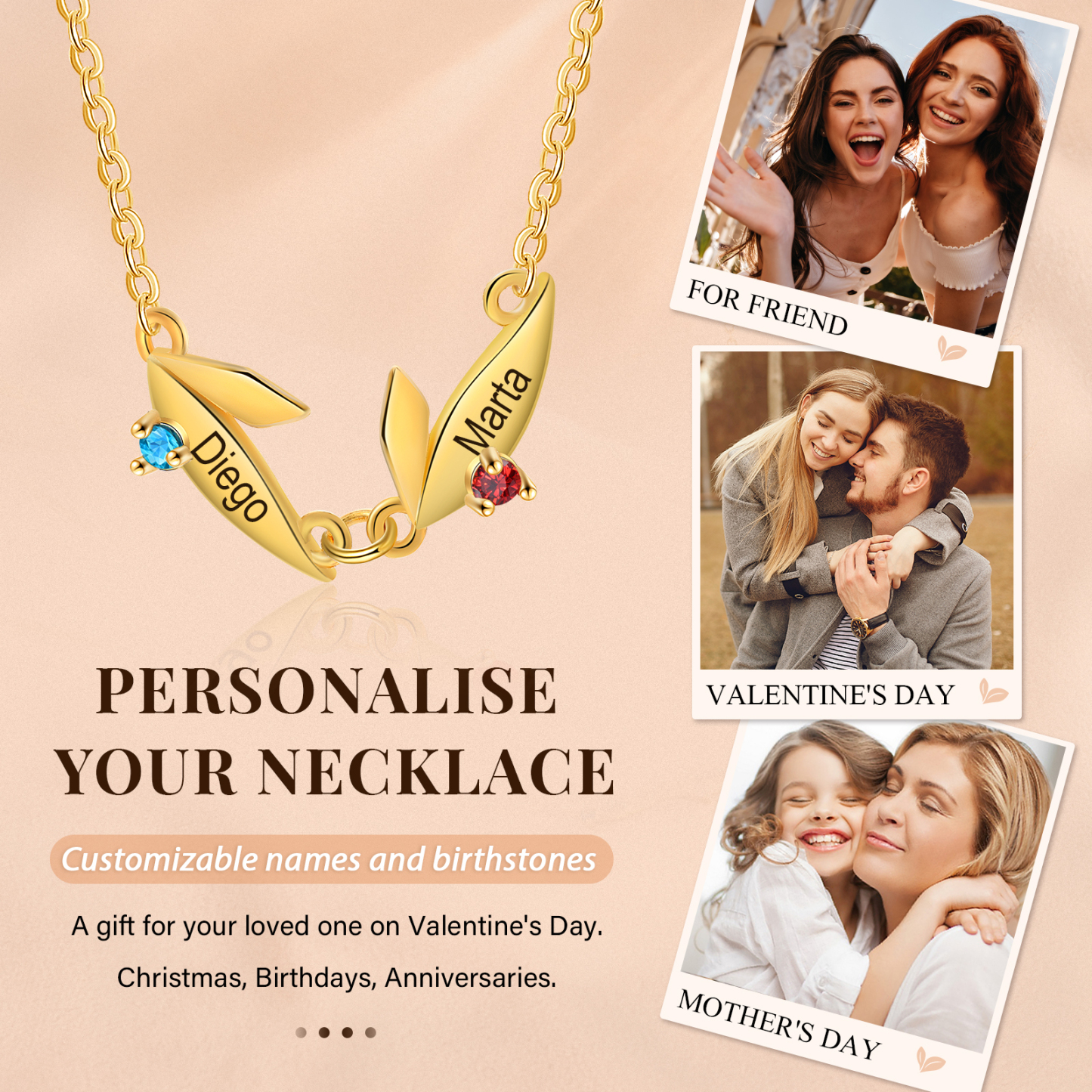 Personalised Leaves Pendant Necklace Custom 2 Names & 2 Birthstones Necklace Gifts for Her-Jessemade AU