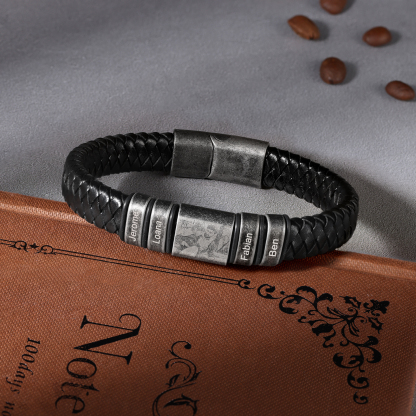 4 Names - Personalised Men's Leather Braided Bracelet Customised Name & Photo Bracelet Vintage Gift for Him-Jessemade AU