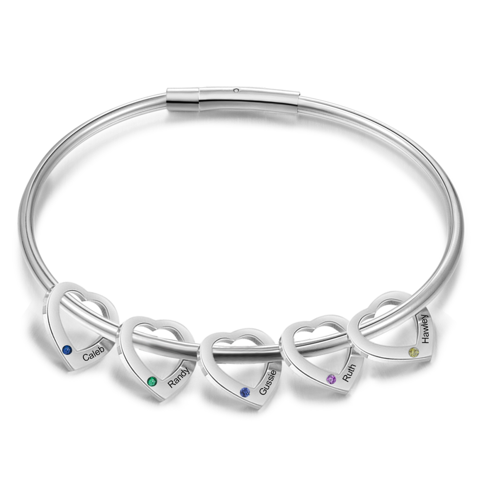 Personalised Heart Bracelet With 5 Birthstones Engraved Names Bracelet Gift For Women