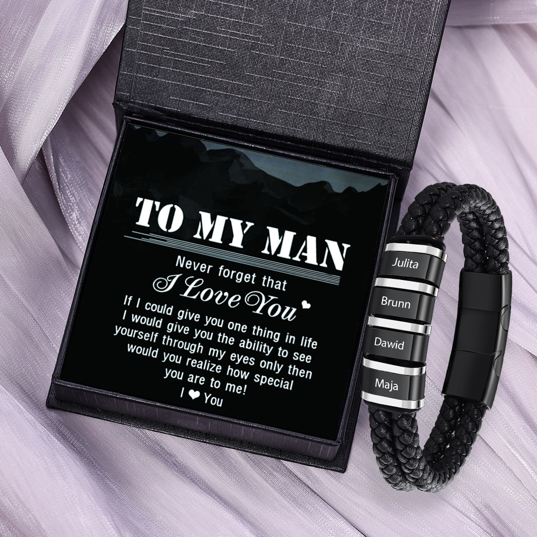 4 Names - Men's Leather Bracelet Custom Names Beaded Bracelet Adjustable Personalised Gift for Him-Jessemade AU