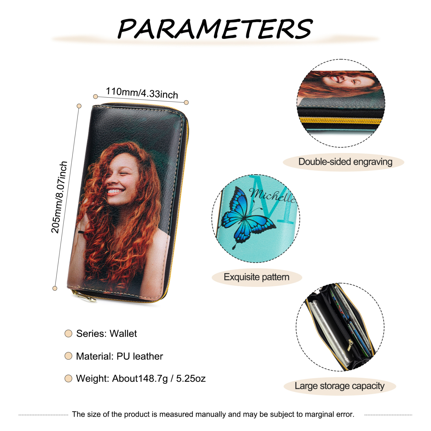 Long Purse Personalised Butterfly Leather Wallet Engraved 1 Photo Zip Wallet Gifts for Her-Jessemade AU