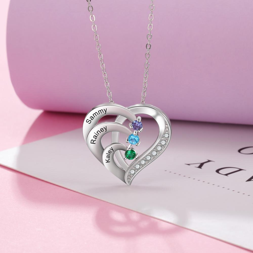 Personalised Mother Necklace Engraved 3 Names 3 Birthstone Intertwined Heart Pendant