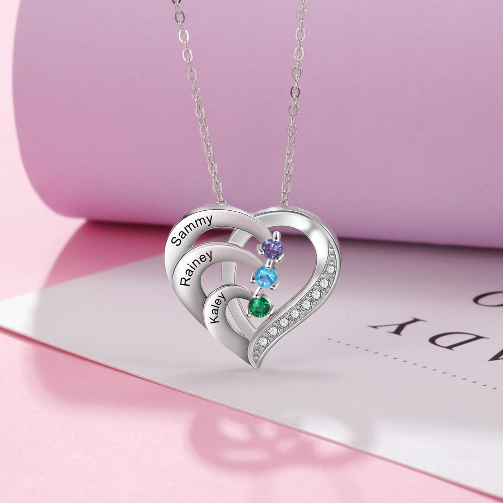 Personalised Mother Necklace Engraved 3 Names 3 Birthstone Intertwined Heart Pendant