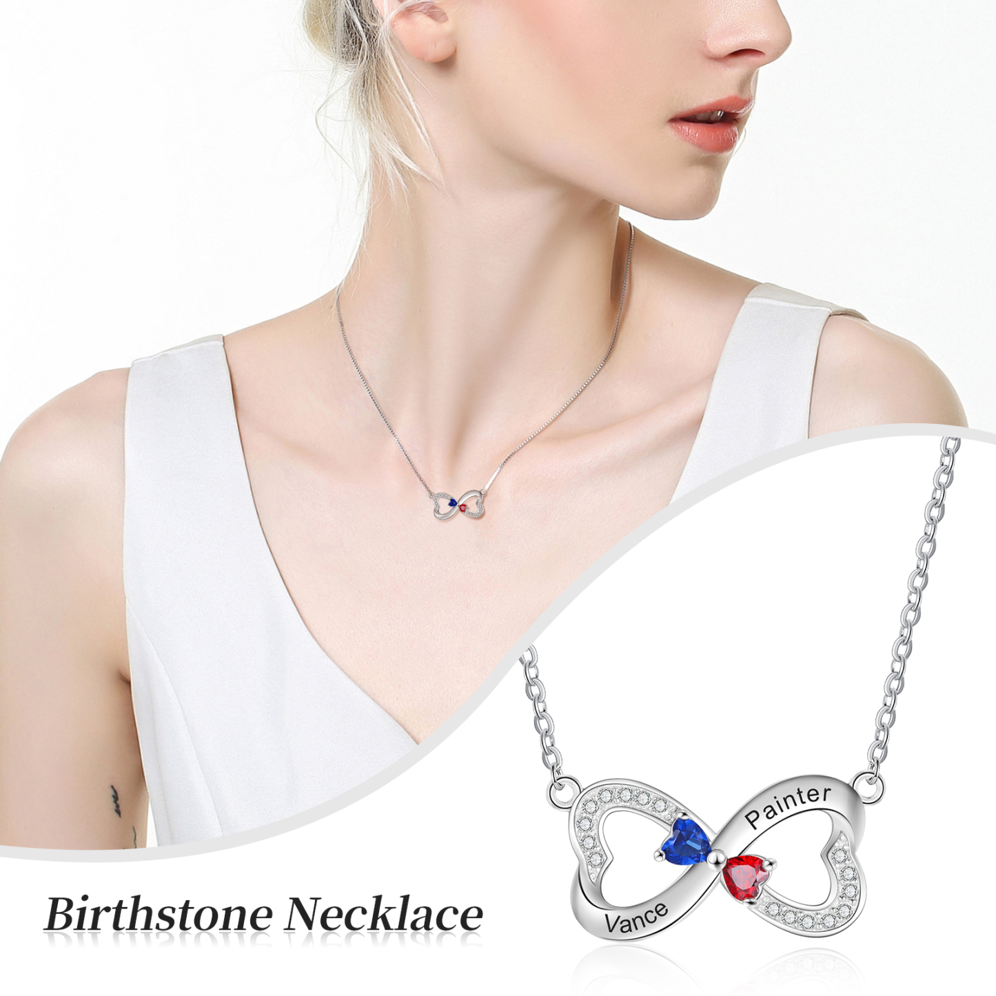 Personalised Heart Mother Necklace With 2 birthstones Engraved Names Gift For Women-Jessemade AU