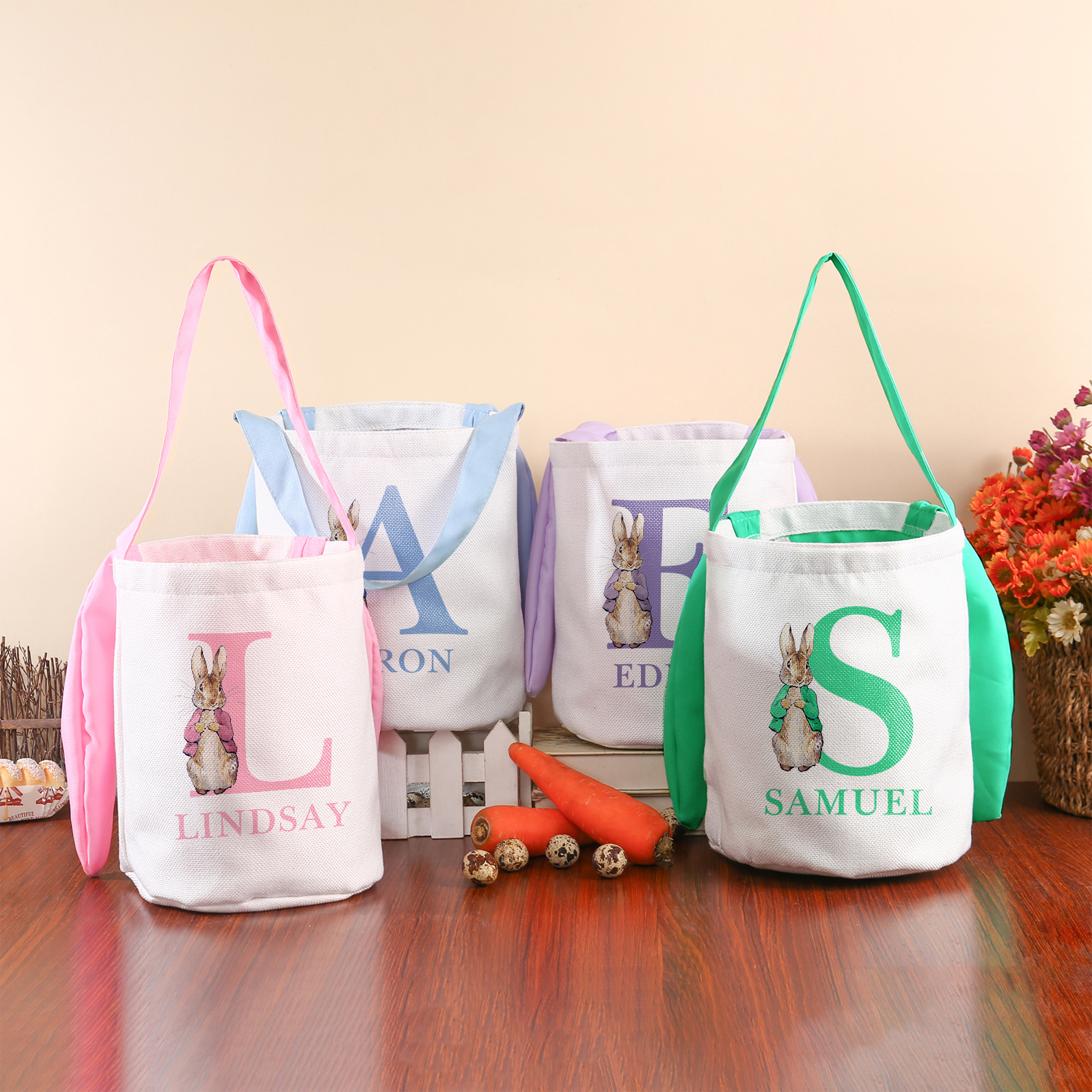 Easter Bunny Tote Bag Personalised Name & Letter Bucket Bag Bunny Basket Gifts For Kids-Jessemade AU