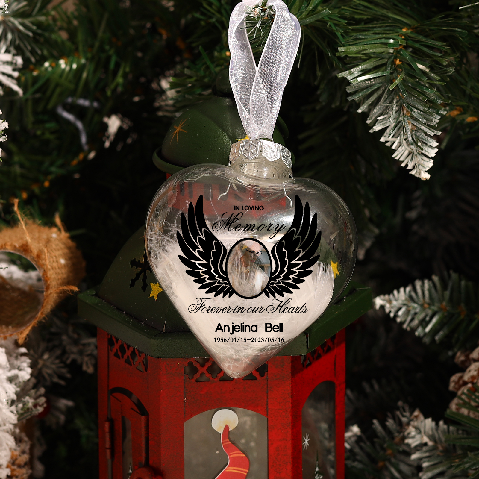 Heart Christmas Memorial Ornaments Custom Name & Date & Photo Feather Ornament Commemorate Deceased Loved Ones - Forever In Our Hearts-Jessemade AU