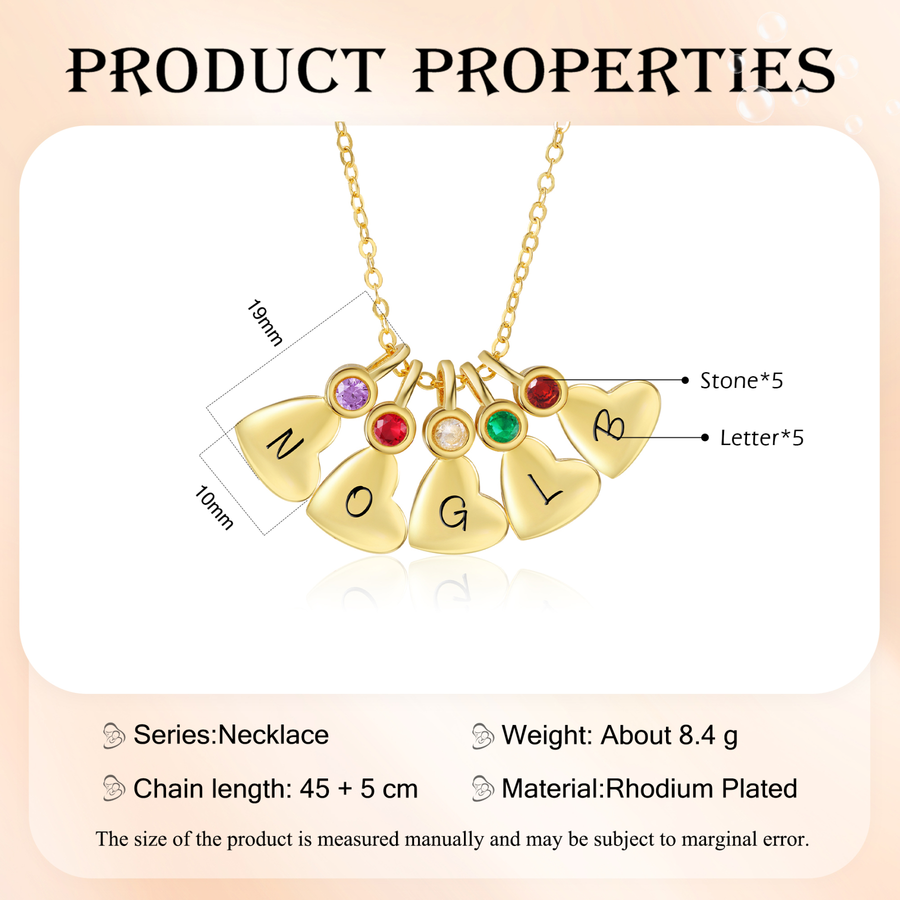 Personalised Heart Pendant Necklace Custom 5 Letters & 5 Birthstones Necklace Gifts for Her-Jessemade AU