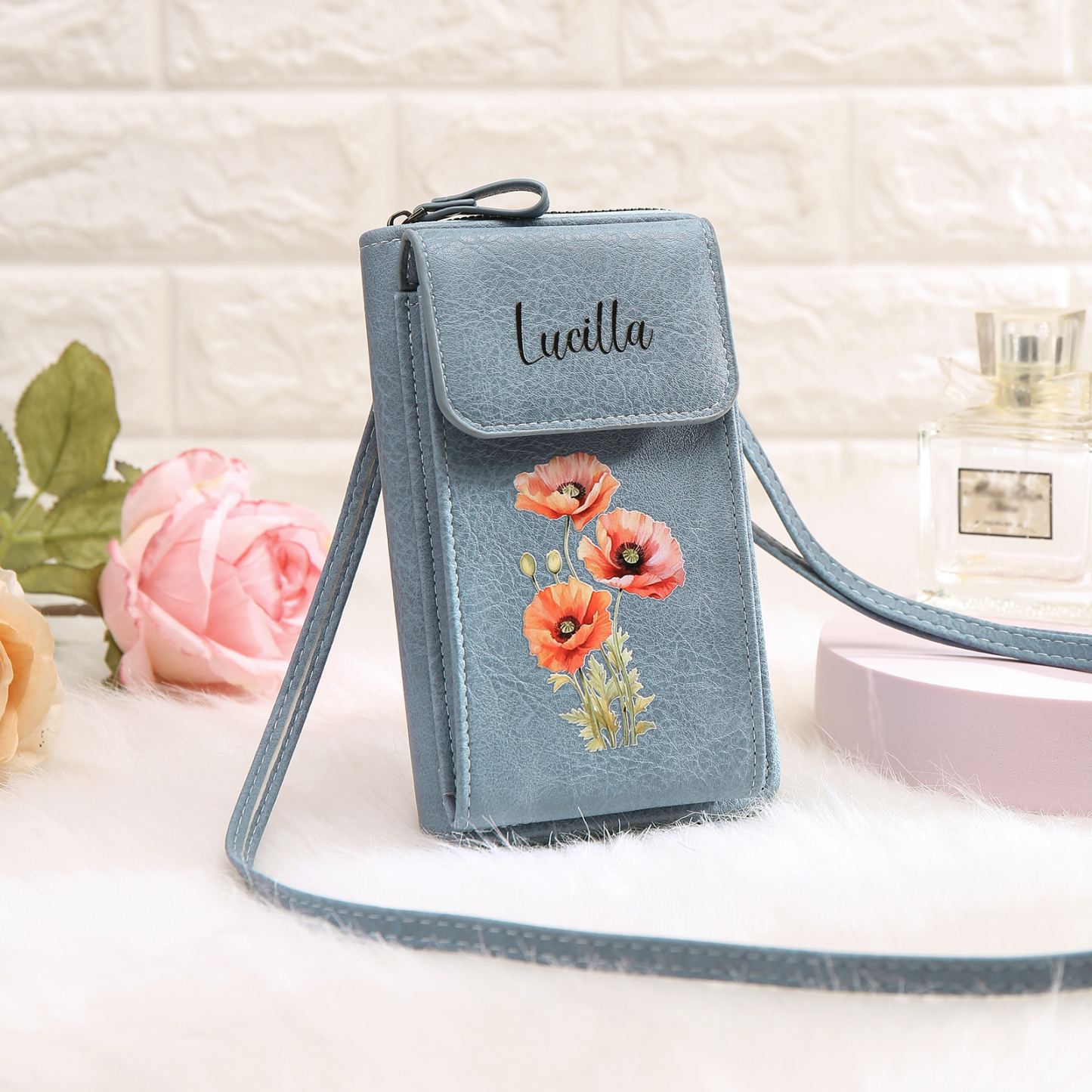 Personalised Women's Leather Wallet Custom Birthday Flower & Name Mobile Phone Wallet Zipper Crossbody Bag