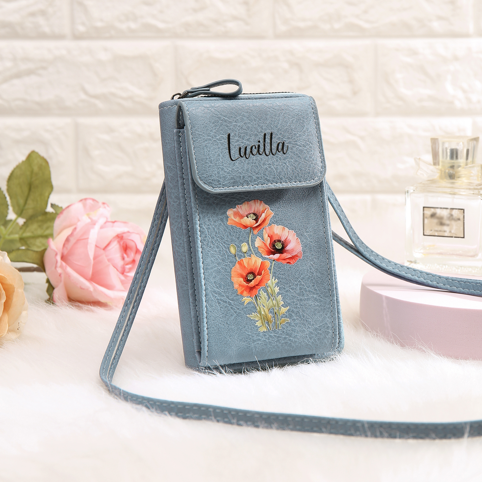 Personalised Women's Leather Wallet Custom Birthday Flower & Name Mobile Phone Wallet Zipper Crossbody Bag
