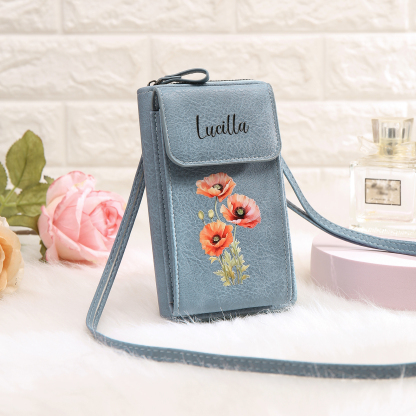 Personalised Women's Leather Wallet Custom Birthday Flower & Name Mobile Phone Wallet Zipper Crossbody Bag