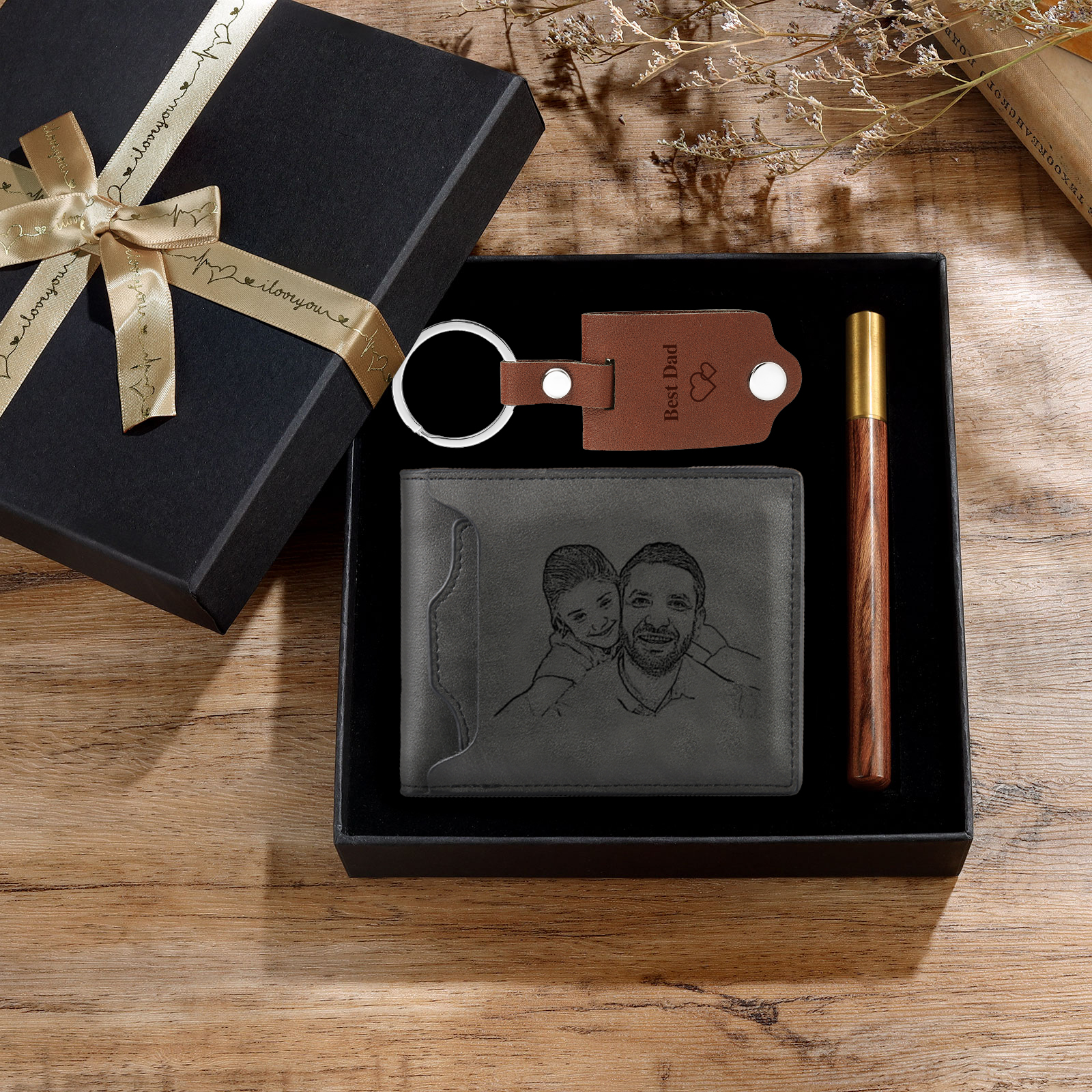 Personalised 2 Texts & 2 Photos & 1 Name & 1 Letter Gift Set Custom Wallet & Keychain & Pen Gift Box Set Father’s Day Gift-Jessemade AU