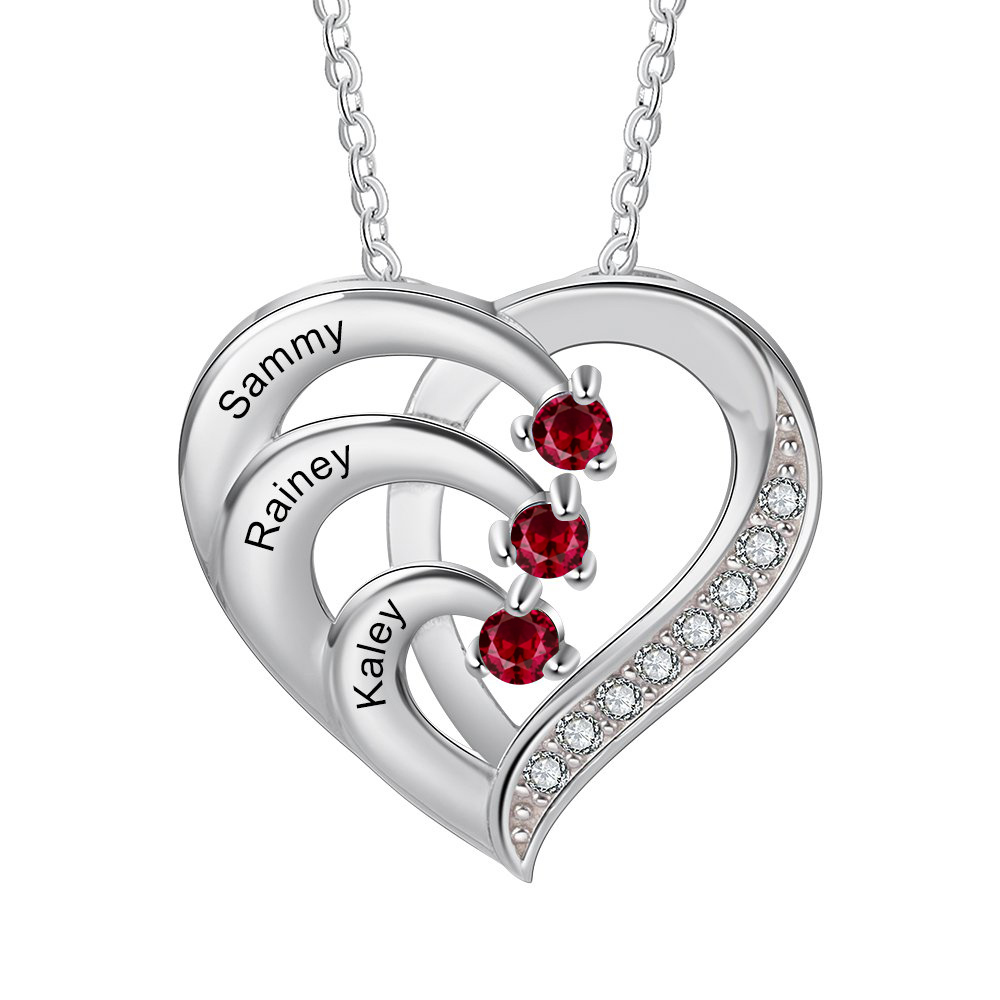 Personalised Mother Necklace 3 Stones Engraved 3 Names Birthstone Intertwined Heart Pendant Gifts for Her-Jessemade AU