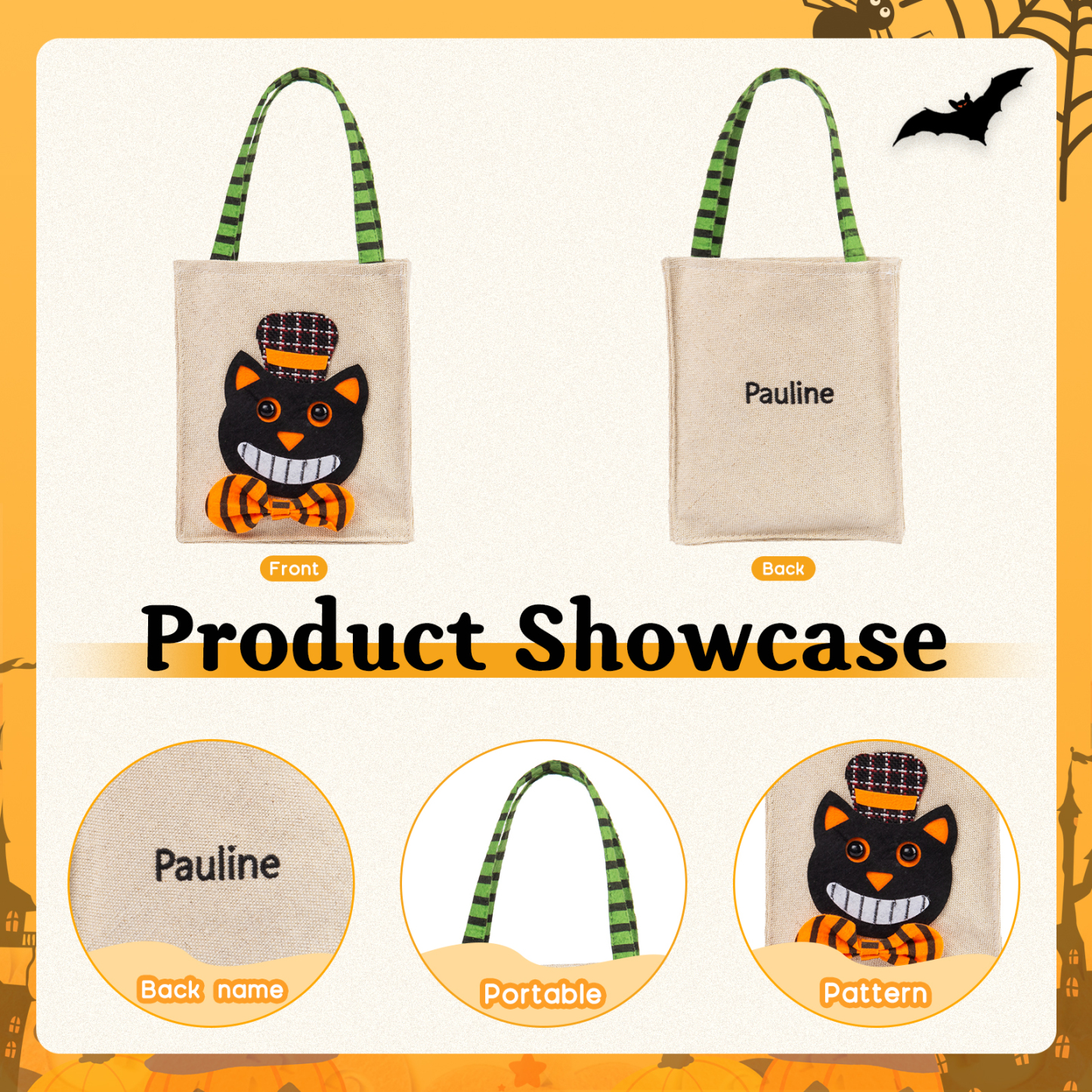 Personalised Halloween Tote Bags Custom 1 Name Halloween Trick or Treat Candy Bags-Jessemade AU