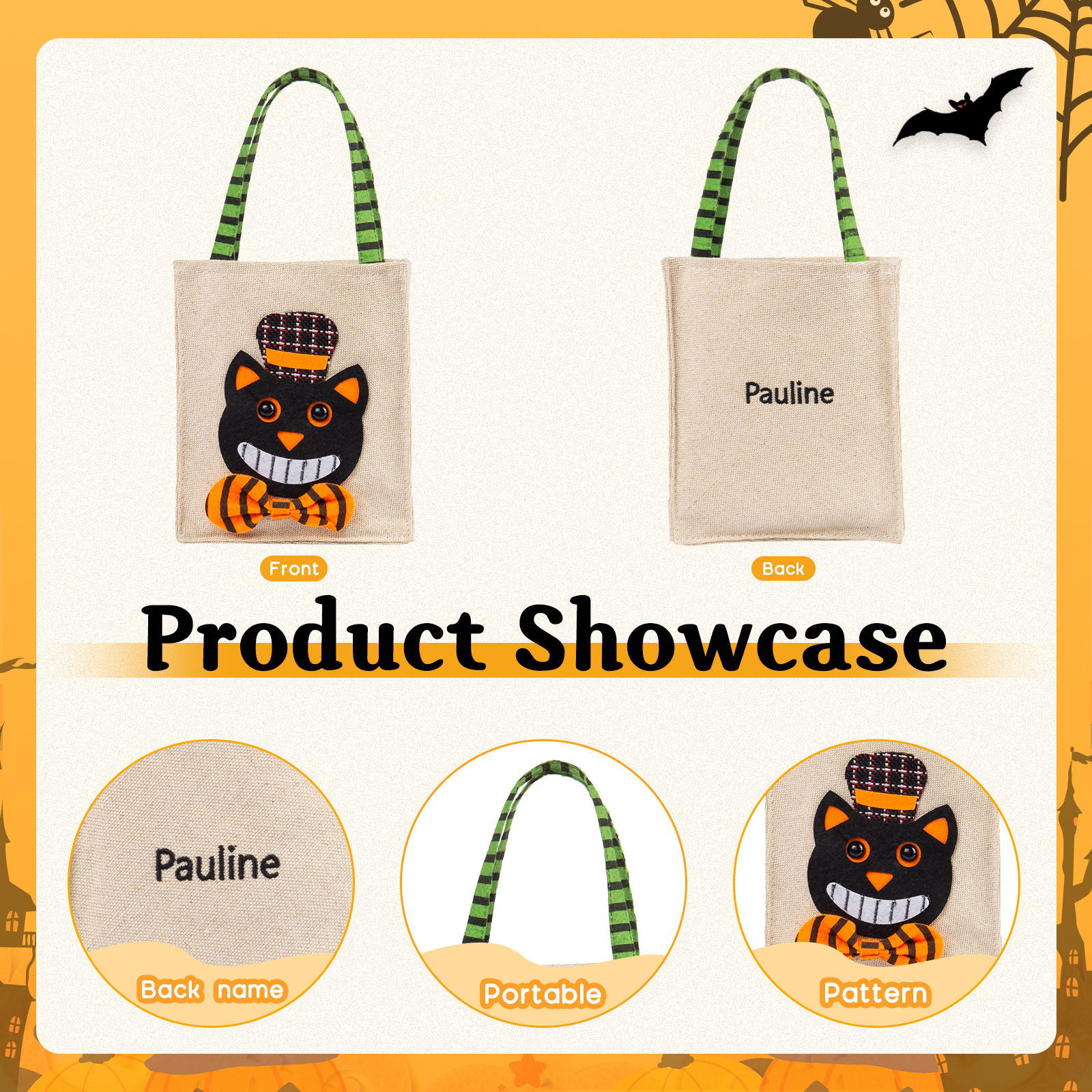 Personalised Halloween Tote Bags Custom 1 Name Halloween Trick or Treat Candy Bags-Jessemade AU