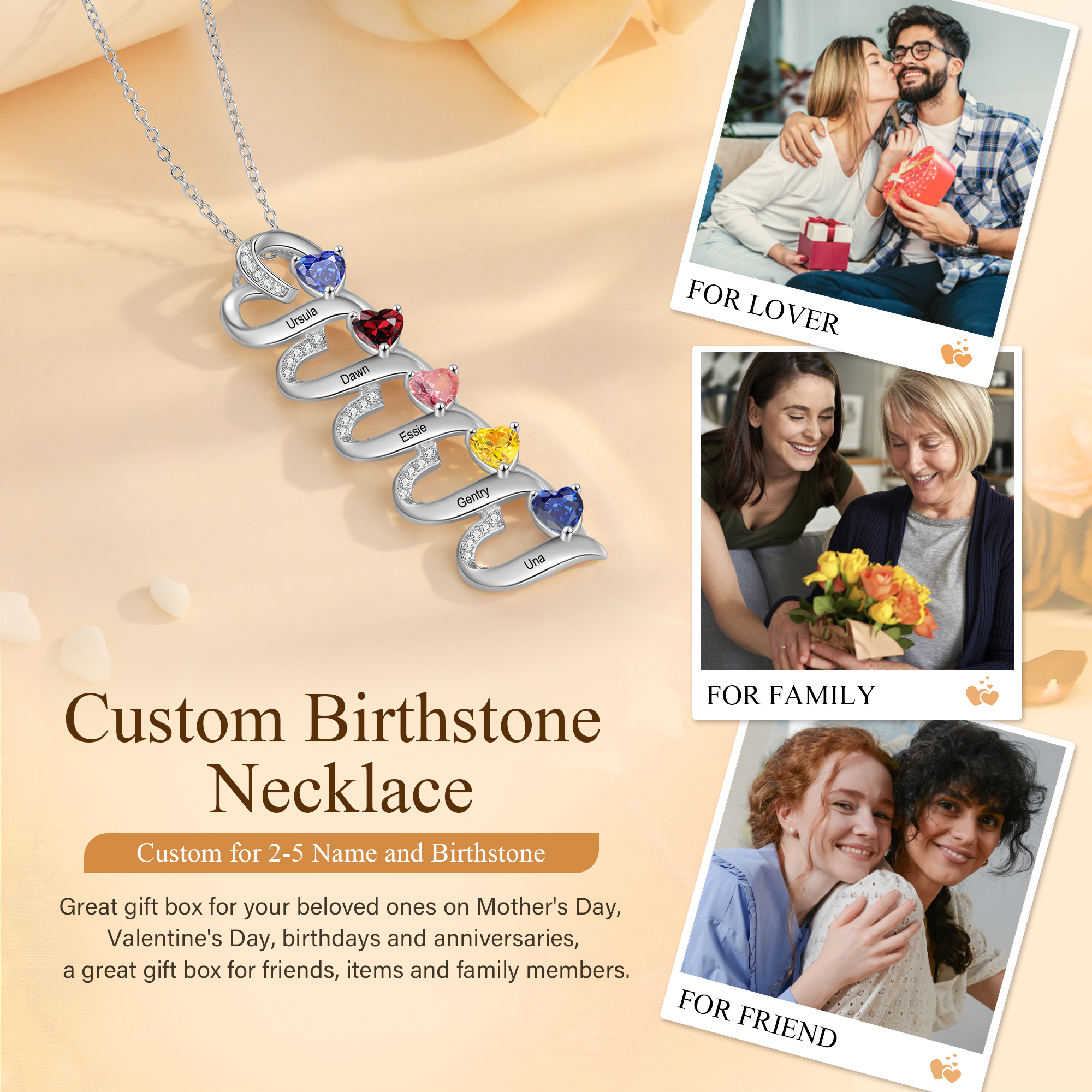 Personalised Heart Pendant Necklace Custom 5 Birthstones & 5 Names Necklace Gifts for Her-Jessemade AU