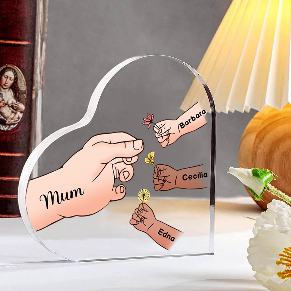 Personalised Text Acrylic Heart Keepsake Custom 1–8 Names & Flowers Ornament Handing Flowers Gifts For Mother/Grandma-Jessemade AU