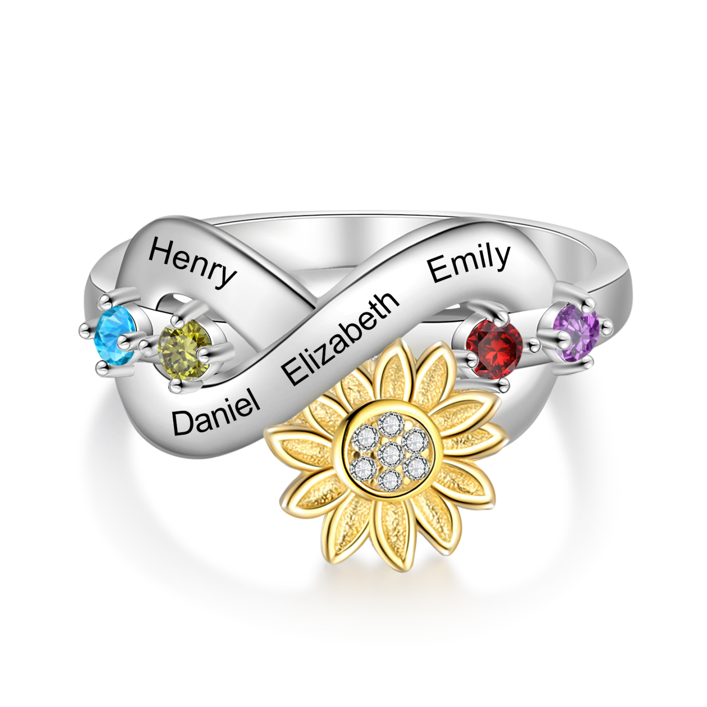 Personalised 4 Birthstones Sunflower Ring Engraved Names Infinity Ring Gifts For Her-Jessemade AU