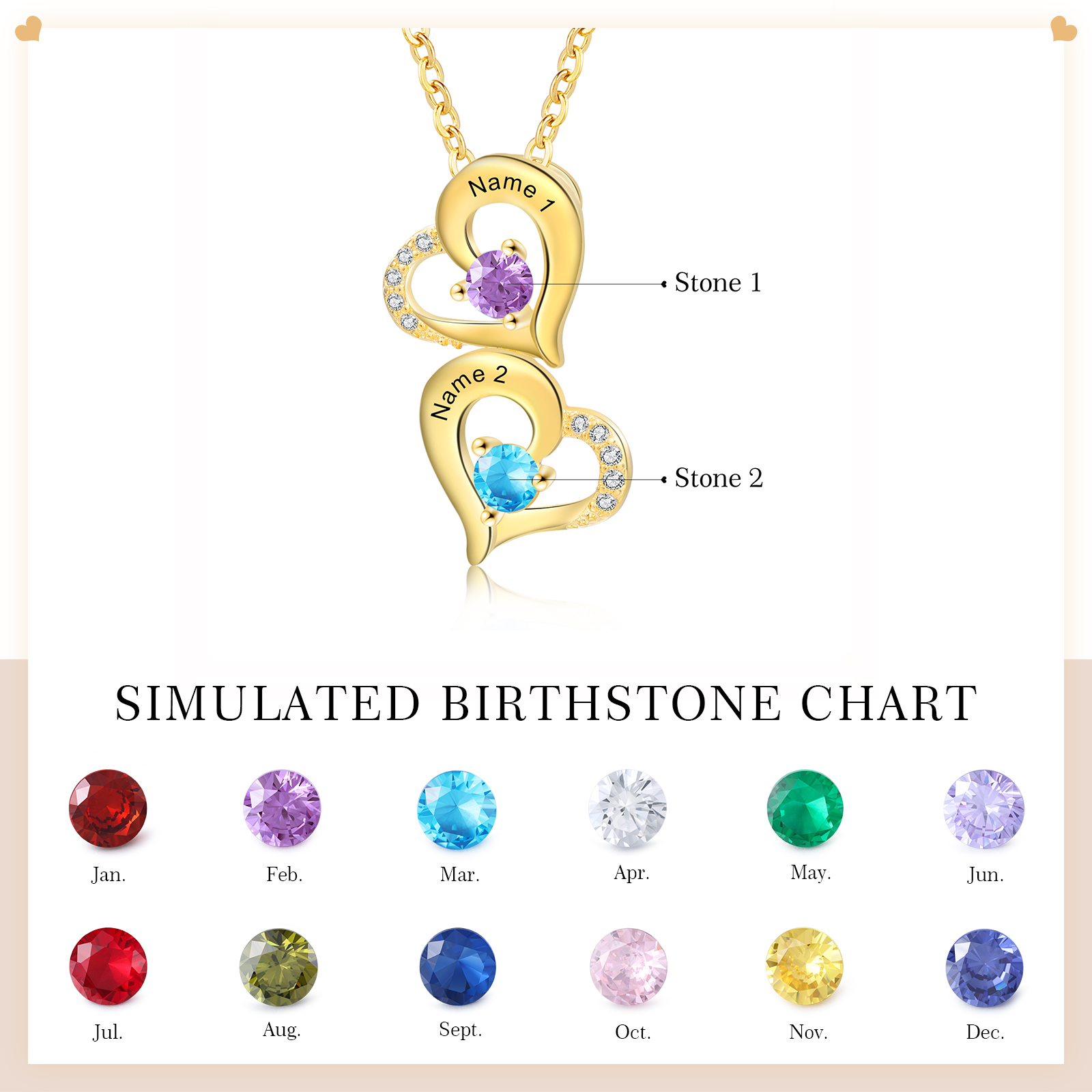 2 Names - Personalised Heart Pendant Necklace Custom Birthstones & Names Necklace Birthday Gift for Her-Jessemade AU