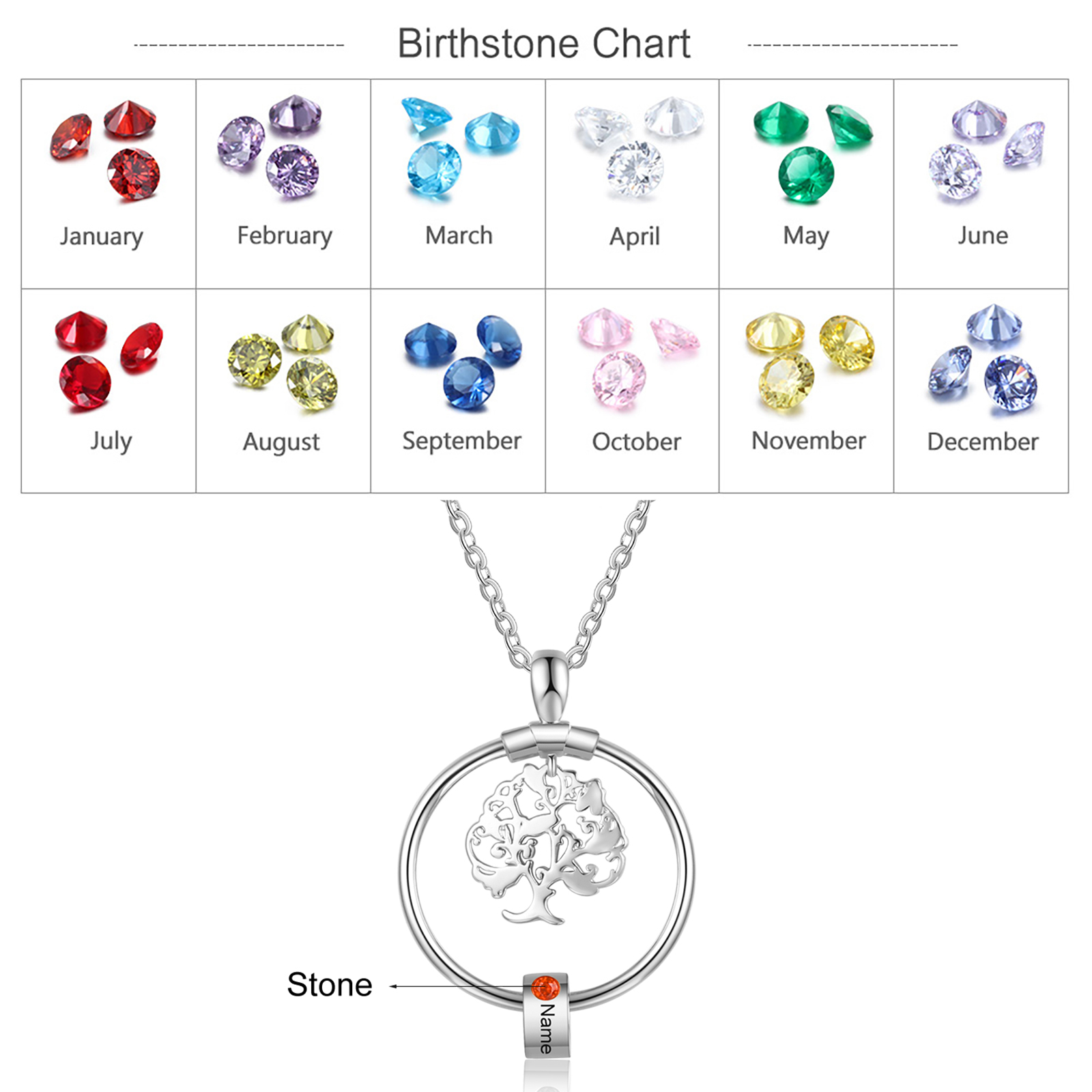 Personalised Family Tree Necklace With 1 Birthstones Engraved Names Gift For Mother-Jessemade AU