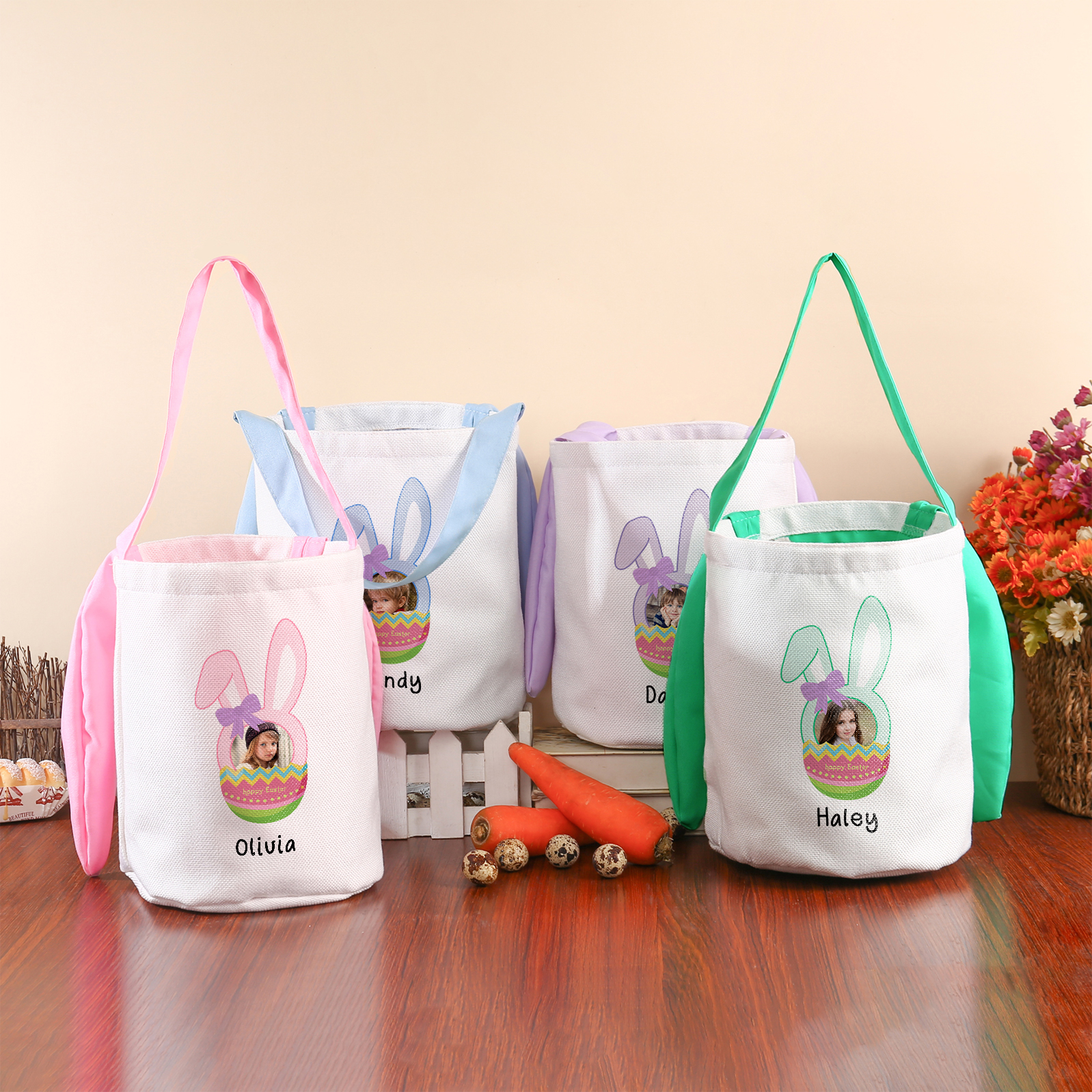 Bunny Tote Bag Personalised Photo Bucket Bag Custom Name & Text Bunny Basket Easter Gifts-Jessemade AU