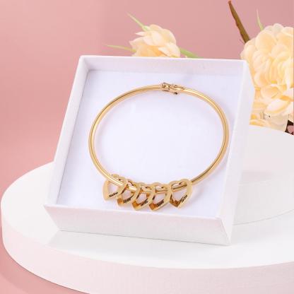Engraved Personalised Bangle Bracelet with 5 Names with 5 Heart Shape Pendant Gift for Mother-Jessemade AU