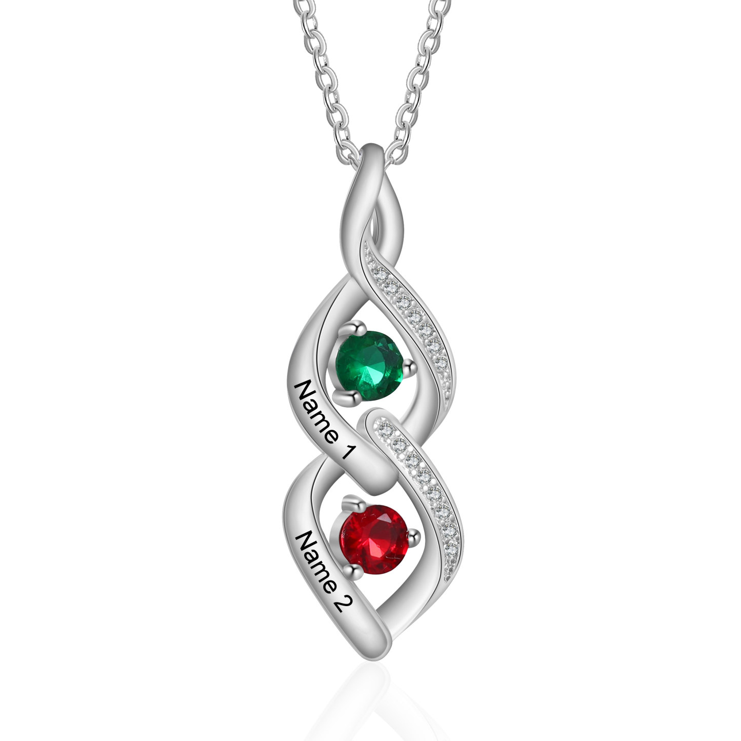 Personalised Twisted Pendant Necklace Custom 2 Birthstones & 2 Names Necklace