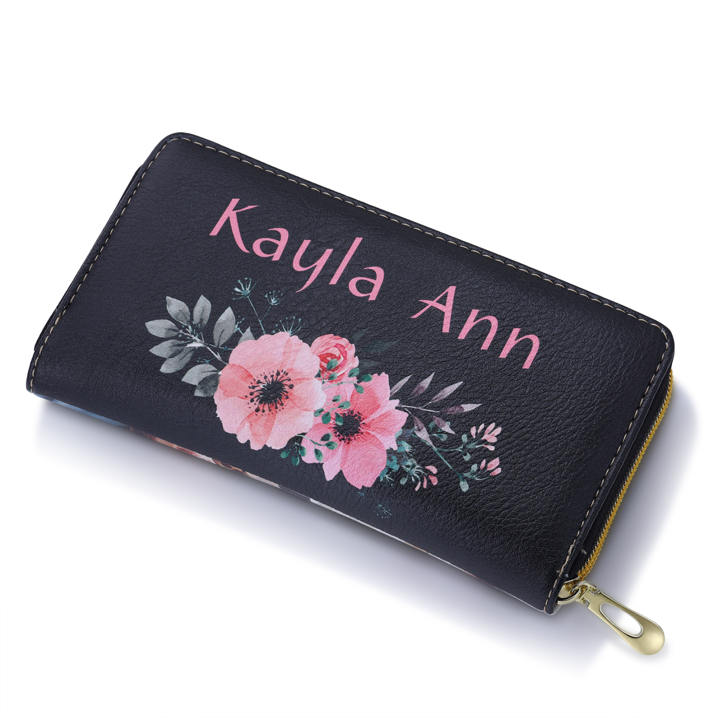 Long Purse Personalised Flower Leather Wallet Engraved 4 Photos Zip Wallet Gifts for Her-Jessemade AU