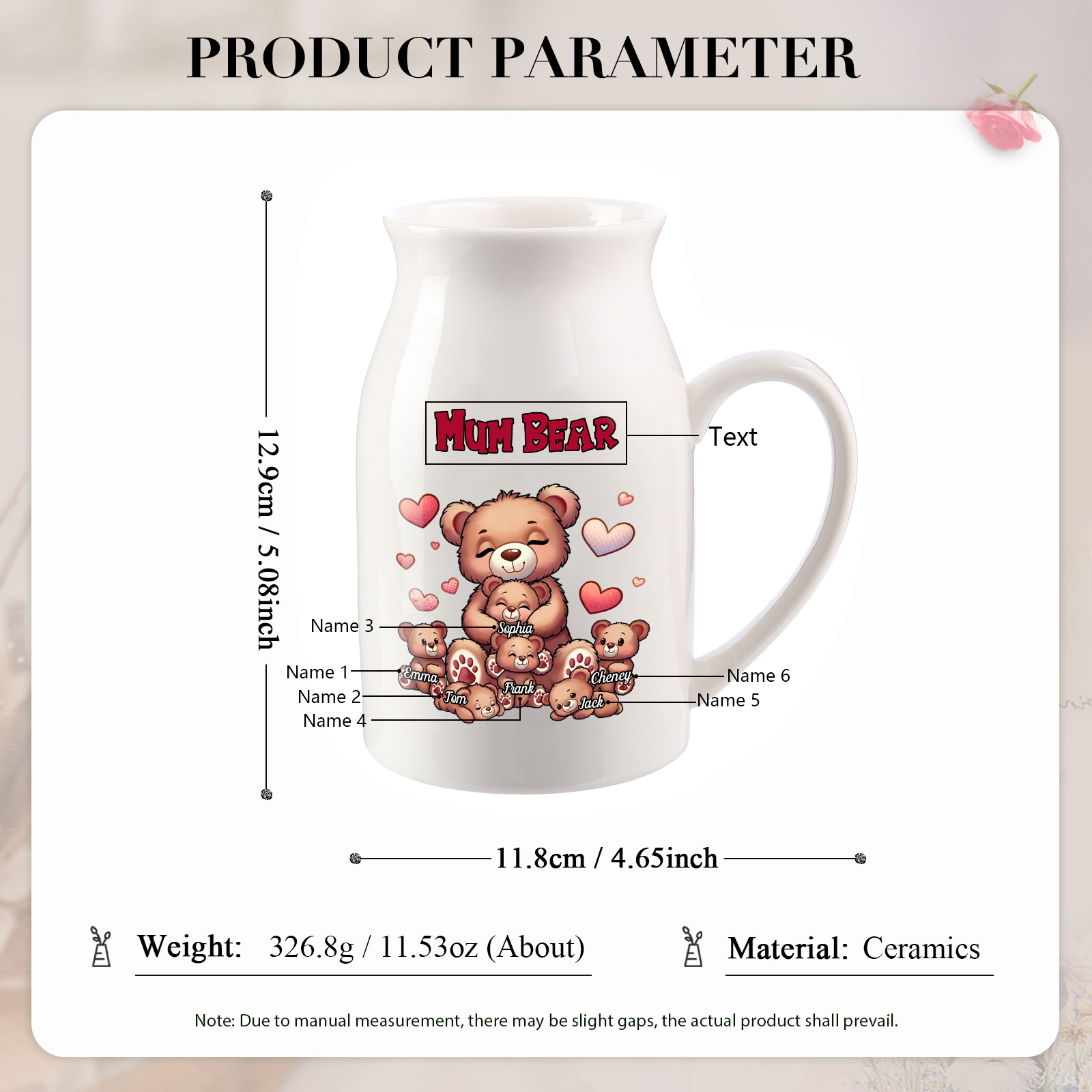 Personalised Ceramic Flower Vase Custom 2–8 Names & 1 Text Bear Family Vase Gift for Mother/Grandma-Jessemade AU