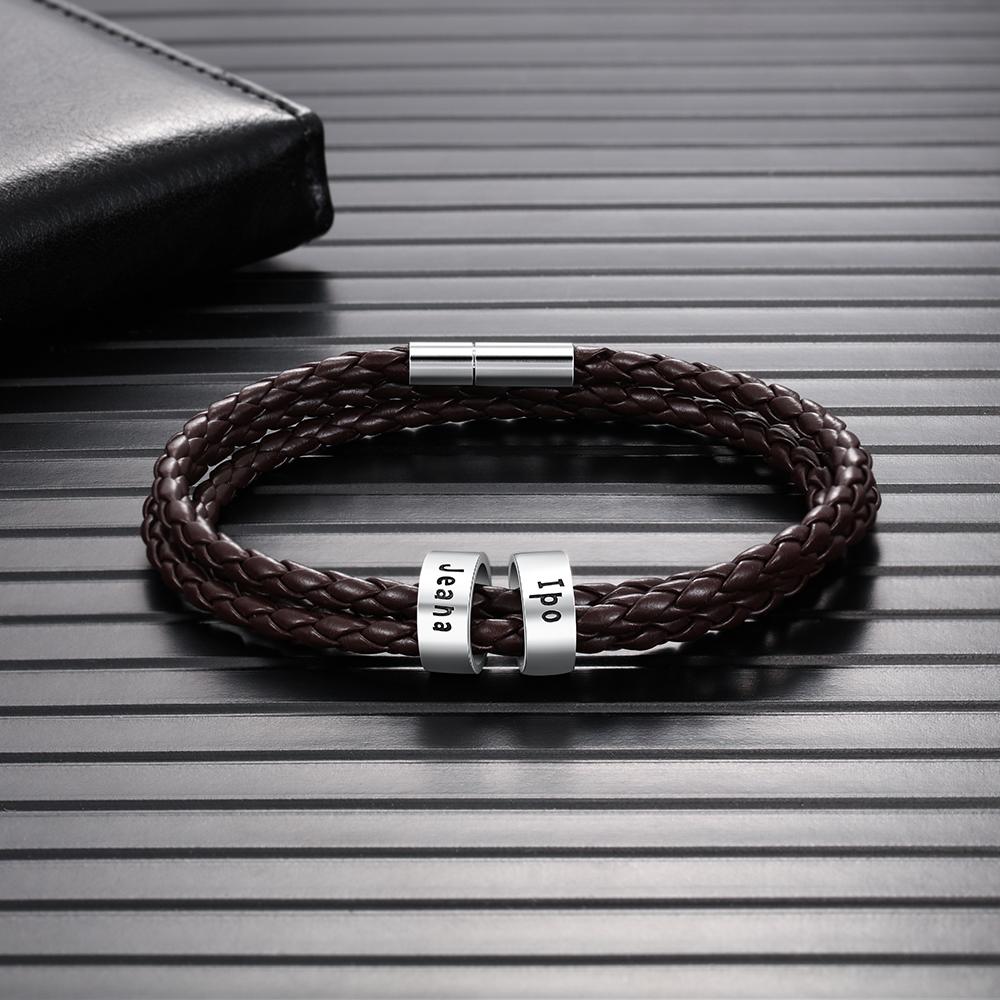 Leather Braided Bracelet Men Bracelets Personalised 2 Names 2 Beads Gift For Dad-Jessemade AU