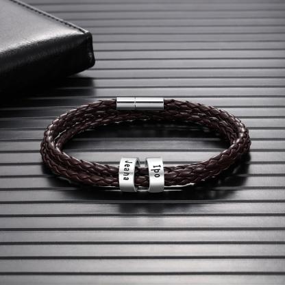 Leather Braided Bracelet Men Bracelets Personalised 2 Names 2 Beads Gift For Dad-Jessemade AU