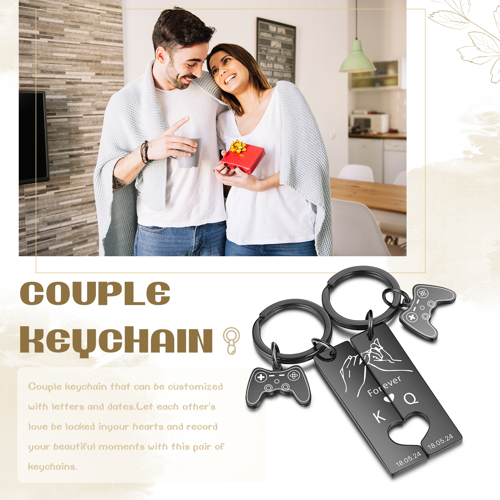 Personalised Couple Keychain Pinky Swear Custom Text & 2 Letters & Date Keyring Game Console Valentine's Day Gift for Him/Her-Jessemade AU